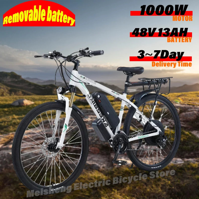 Ebike AKEZ 1000W CityElectricBike Detachable 13Ah Battery Electric Bike 60 Mile Range Dual Disc Brake Alloy Electric Bike