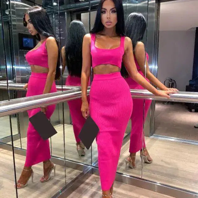 Neon Color Sexy Ribbed Dress Set - HCDSHOP