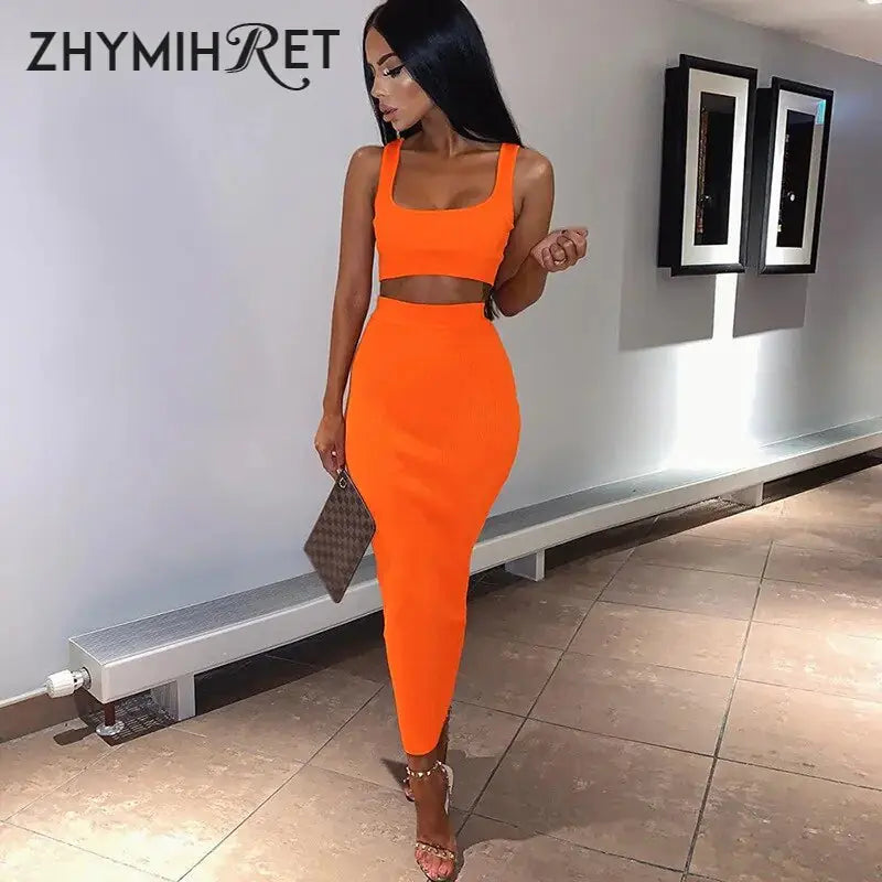Neon Color Sexy Ribbed Dress Set - HCDSHOP